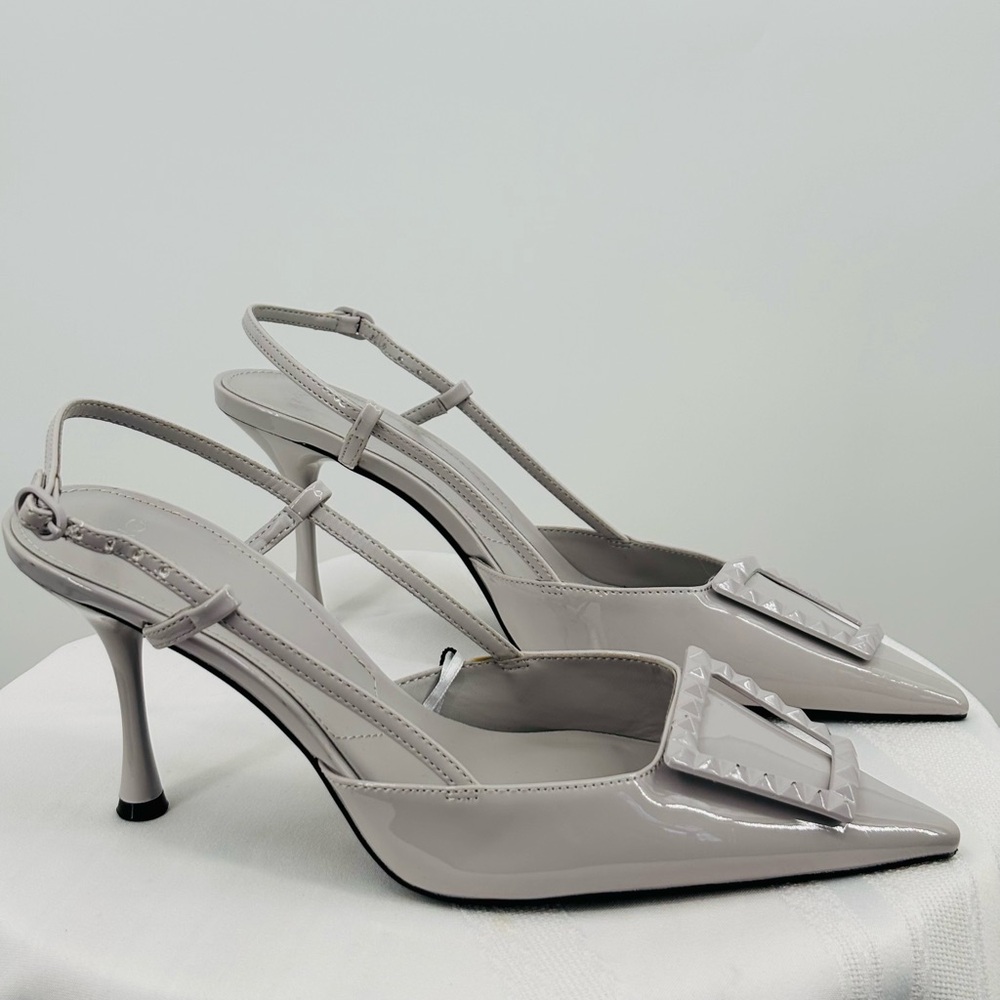 Mango Light Gray Patent Slingback Kitten Heels Size 7.5